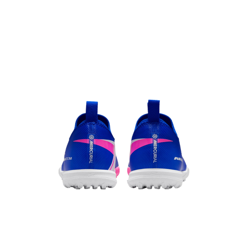 Rear view of blue Nike Mercurial soccer shoes with pink accents and white soles. Vertical 'MERCURIAL' branding is visible on each heel against a black background.
