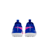 Rear view of blue Nike Mercurial soccer shoes with pink accents and white soles. Vertical 'MERCURIAL' branding is visible on each heel against a black background.