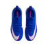 A top-down view of blue Nike Mercurial soccer cleats with white swooshes and pink accents on a solid black background.