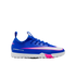 A royal blue Nike Air Zoom turf soccer shoe with a pink-accented white swoosh and white sole, set against a black background.