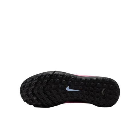Bottom view of a black Nike shoe outsole featuring a light blue swoosh logo and a textured traction pattern, set against a black background.