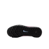Bottom view of a black Nike shoe outsole featuring a light blue swoosh logo and a textured traction pattern, set against a black background.