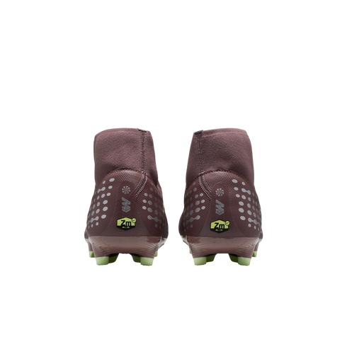 Rear view of two maroon Nike high-top soccer cleats with lime green studs and silver dot patterns, set against a black background.