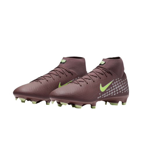 A pair of maroon Nike high-top soccer cleats with lime green accents on the Swoosh logo and studs.