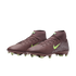 A pair of maroon Nike high-top soccer cleats with lime green accents on the Swoosh logo and studs.