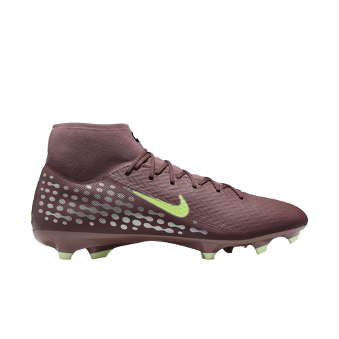 Maroon Nike soccer cleat with a high-top collar, neon green swoosh, and silver dotted heel pattern, shown in profile against a black background.