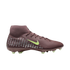 Maroon Nike soccer cleat with a high-top collar, neon green swoosh, and silver dotted heel pattern, shown in profile against a black background.