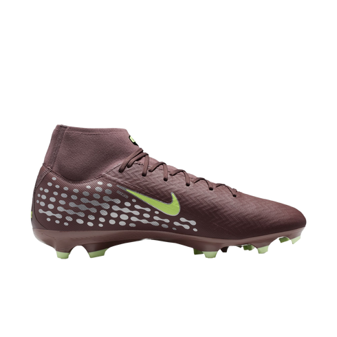 A maroon Nike soccer cleat with lime green accents, a high-top sock collar, and a silver patterned heel design on a black background.