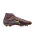 A maroon Nike soccer cleat with lime green accents, a high-top sock collar, and a silver patterned heel design on a black background.