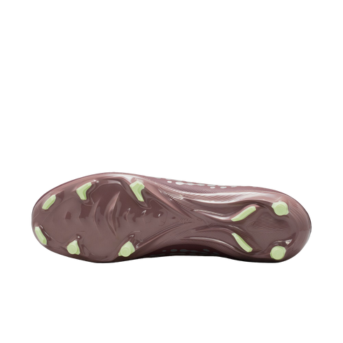Sole of a dark maroon soccer cleat with lime green studs on a black background.