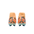 Back view of two orange Nike Mercurial KM soccer cleats with blue and black diagonal patterns and blue studs against a black background.