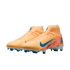 A pair of peach Nike Mercurial soccer cleats with blue accents and high-top collars, set against a solid black background.