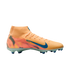 A bright orange Nike soccer cleat with a blue swoosh and high-top ankle collar, featuring a textured upper and blue studs against a solid black background.