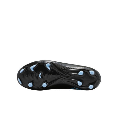 Bottom view of a black Nike soccer cleat featuring light blue studs, set against a solid black background.