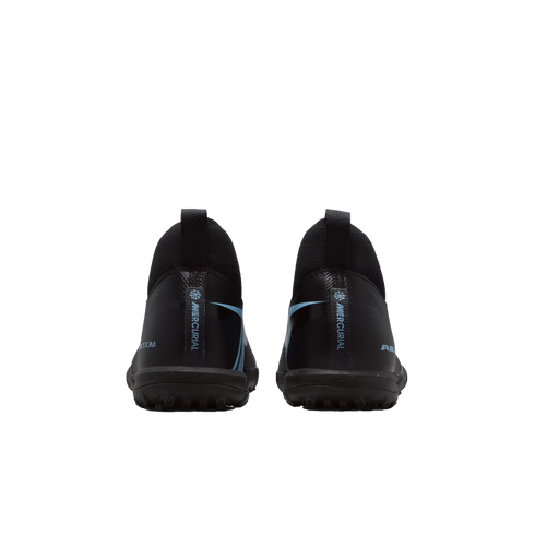 Rear view of two black Nike Mercurial turf soccer shoes with light blue accents against a black background.