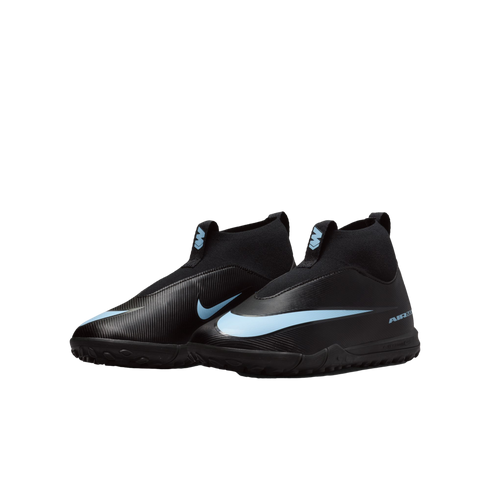 Pair of black Nike soccer turf cleats with light blue swoosh accents and high-top collars on a black background.