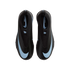 Top-down view of black Nike Mercurial laceless soccer cleats with light blue swooshes, displayed on a black background.