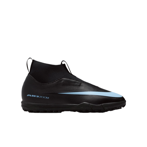 Black Nike Air Zoom soccer shoe with a light blue swoosh, laceless design, and high-top sock collar against a solid black background.