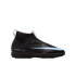 Black Nike Air Zoom soccer shoe with a light blue swoosh, laceless design, and high-top sock collar against a solid black background.