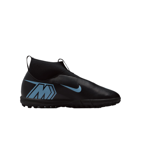 Side profile of a black laceless Nike Mercurial soccer shoe with light blue "M" and swoosh logos, featuring a high-top sock-like ankle collar.