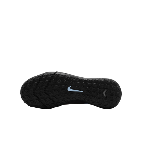 Bottom view of a black studded Nike shoe sole featuring a light blue swoosh logo in the center against a solid black background.