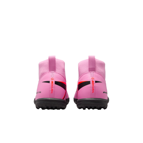 Rear view of two pink Nike Mercurial soccer cleats with high-top collars and black soles against a black background.