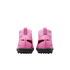 Rear view of two pink Nike Mercurial soccer cleats with high-top collars and black soles against a black background.