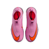 Top-down view of a pair of bright pink laceless Nike Mercurial soccer shoes with large orange swooshes against a solid black background.