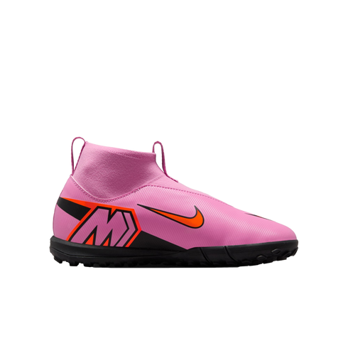 A pink Nike Mercurial high-top soccer cleat with an orange swoosh and stylized 'M' logo, shown from a side profile against a solid black background.