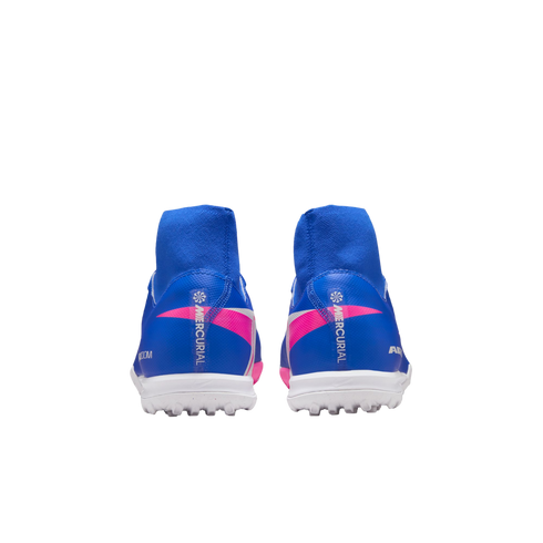 Rear view of blue and pink Nike Mercurial soccer cleats with white soles and blue ankle collars on a black background.