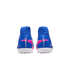 Rear view of blue and pink Nike Mercurial soccer cleats with white soles and blue ankle collars on a black background.