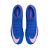 Top-down view of blue Nike Mercurial soccer cleats with white swooshes and pink accents on a black background.