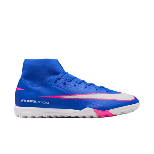 Blue Nike Air Zoom Mercurial soccer shoe with pink and white accents and a high-top collar, shown from the side against a black background.