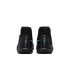 Rear view of black soccer shoes with light blue 'MERCURIAL' branding and high-top sock collars, set against a solid black background.