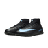 A pair of black Nike indoor soccer shoes with light blue accents and a high-top ankle collar against a black background.