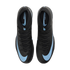 Top-down view of a pair of black Nike Mercurial soccer cleats with light blue swooshes and branding, set against a solid black background.