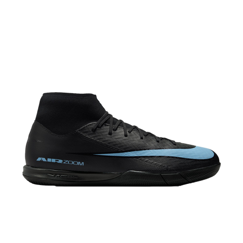 A black Nike Air Zoom Mercurial soccer shoe with a light blue swoosh and a high-top ankle collar.