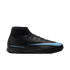A black Nike Air Zoom Mercurial soccer shoe with a light blue swoosh and a high-top ankle collar.