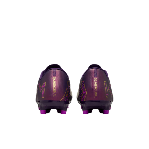 Back view of iridescent purple Nike Mercurial soccer cleats with gold accents and purple studs, set against a white background.