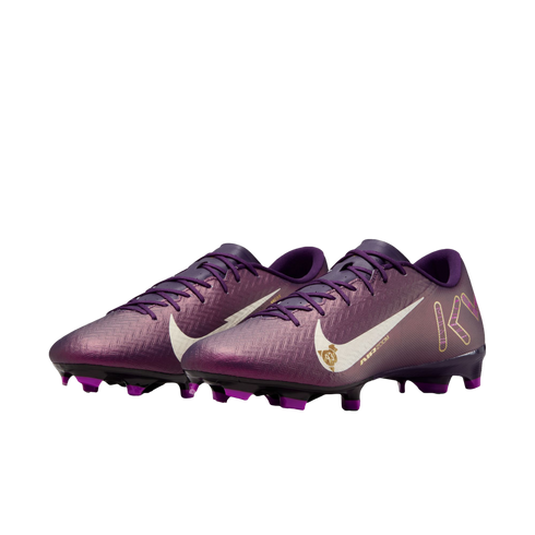 A pair of iridescent purple Nike Kylian Mbappé soccer cleats with white swooshes and gold accents, isolated on a white background.