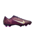 Profile view of a purple Nike soccer cleat featuring a white swoosh logo and gold "KM" initials on the heel, isolated on a white background.
