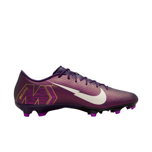 A side profile of a purple Nike Mercurial soccer cleat with a white swoosh and gold "MBAPPÉ" detailing on the heel, isolated on a white background.