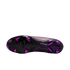 Bottom view of a purple soccer cleat featuring a black soleplate with bright magenta studs.