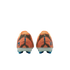 Rear view of orange and black Nike Mercurial soccer cleats with blue "KM" logos and studs.