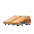 A pair of peach-colored Nike Air Zoom soccer cleats with a blue swoosh and blue studs, set against a solid black background.