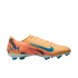 Peach-colored Nike Air Zoom KM soccer cleat with black wavy patterns, a blue swoosh, and blue studs, shown against a black background.