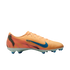 Side profile of a peach Nike soccer cleat with a blue Swoosh and tiger-stripe heel detail. It has a white sole with blue studs, set against a solid black background.