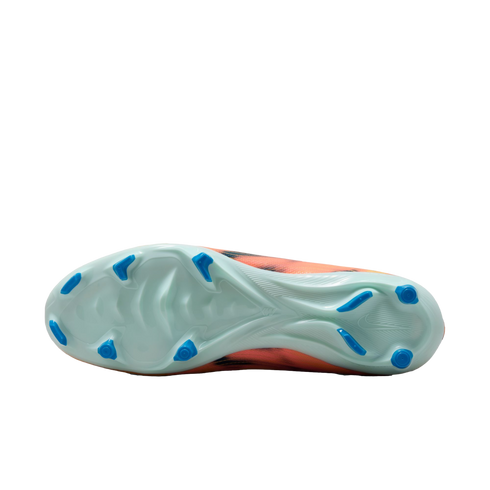 Sole of a light green soccer cleat with bright blue studs and an orange and black upper.