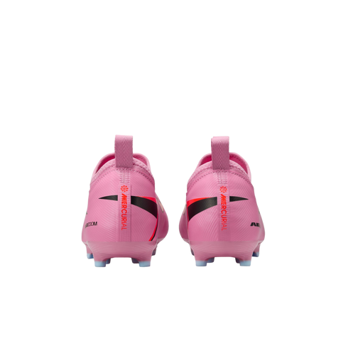 Rear view of a pair of pink Nike Mercurial soccer cleats with black and red accents, set against a solid black background.
