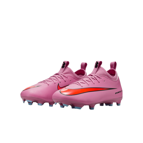 A pair of pink Nike Air Zoom Mercurial soccer cleats with bright orange Swooshes and light blue studs, shown against a solid black background.